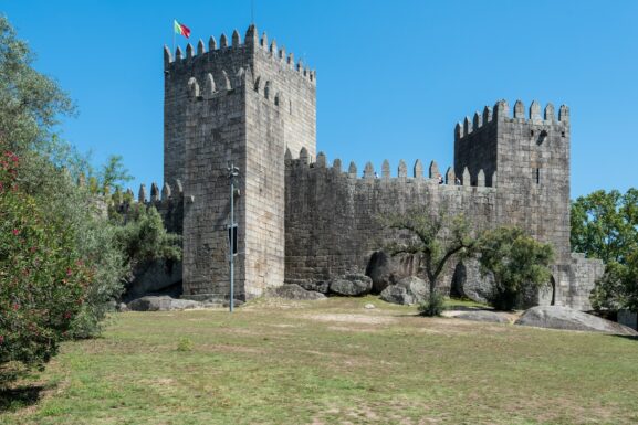 Silves Moorish castle standing against a blue sky, Portugal